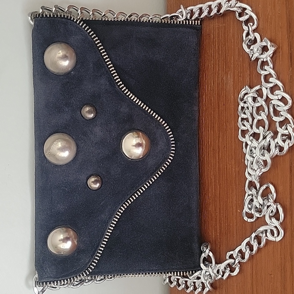 JJ Winters Blue Suede Studded Envelope Bag Clutch Bin2